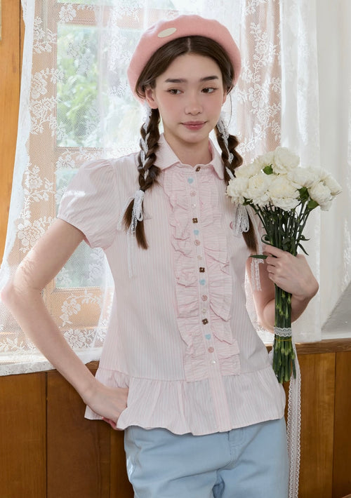 ♡預訂♡ 超可愛Ruffle邊間條襯衫🎀