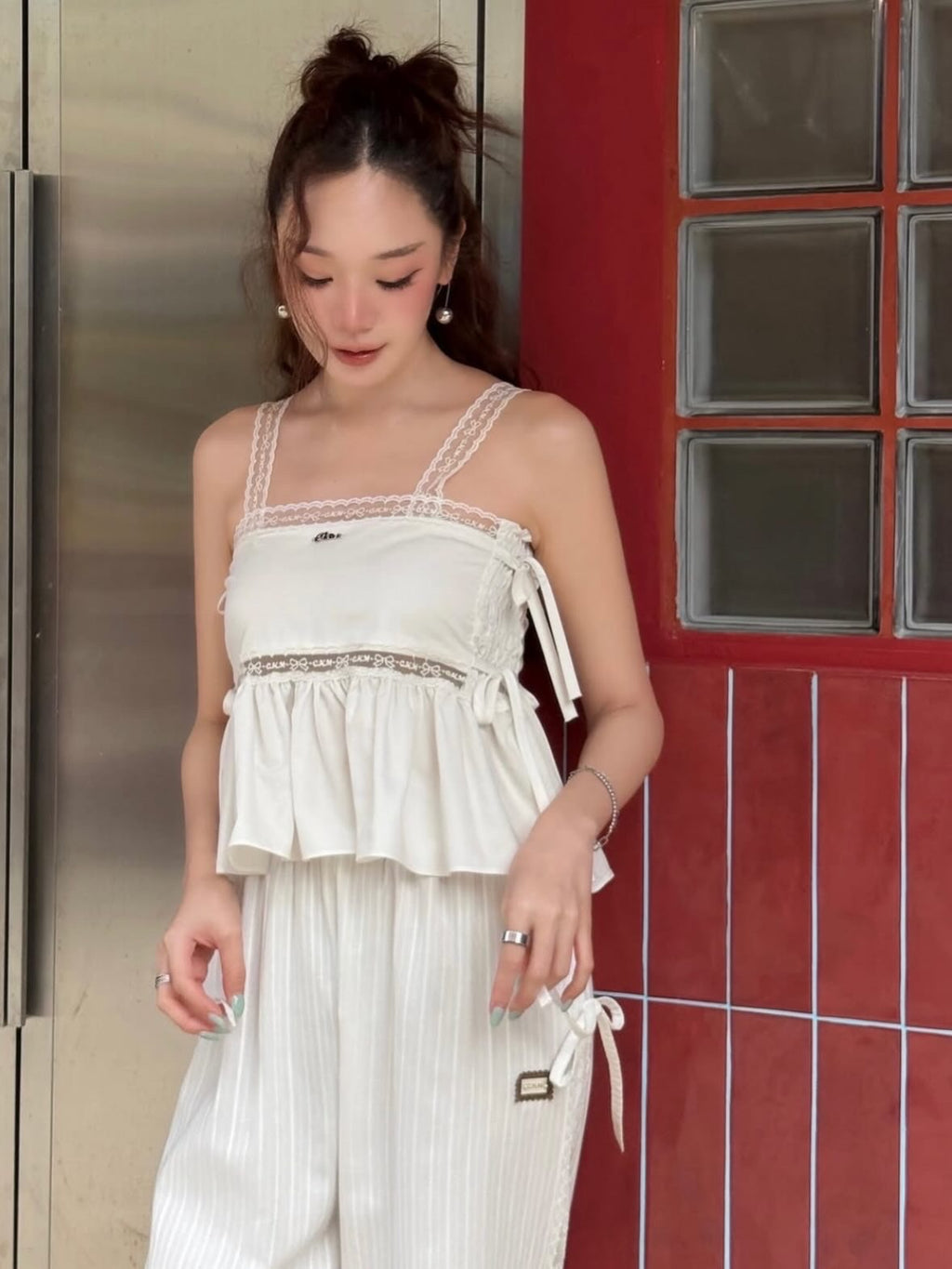 ♡預訂♡浪漫印花Lace蝴蝶結綁帶背心